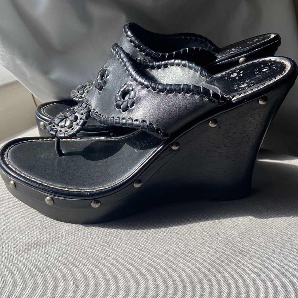 Jack Rogers black leather studded wedge sandal 6M